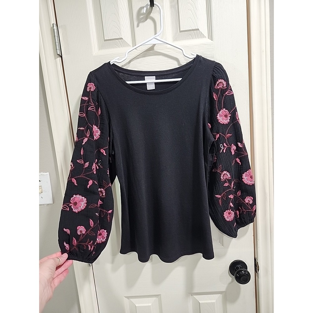 Chico's Sz 1 Black Top Floral Embroidered Sheer Sleeve Boho Blouse